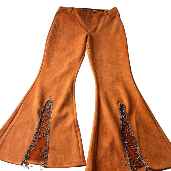 Lucky & Blessed Orange Suede Flare Pants Rhinestone Embellished Women's Size 14 - Picture 1 of 12
